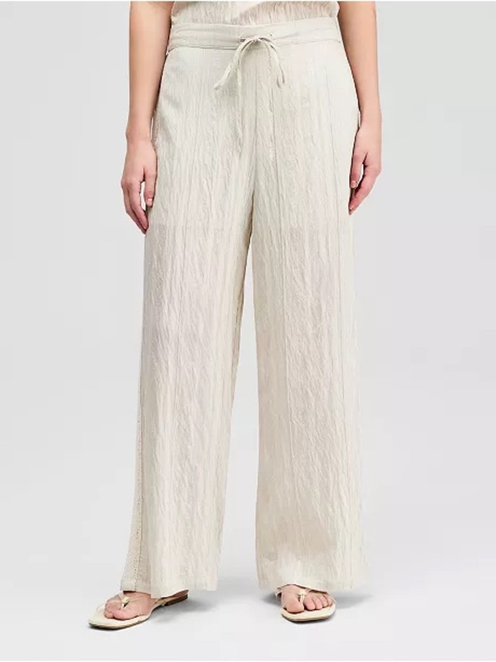 Ivory Lightweight Striped Viscose Lace Wide Leg Drawstring Pants Vacation Small